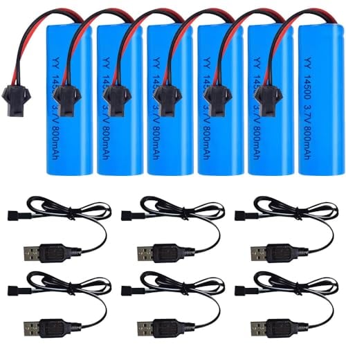 KUWUNG 14500 Akku 3,7v, 6 Stück 800mAh Li-Ion Battery mit 6 SM-2P-Steckern und USB-Ladegerät, Rechargable RC Akku für RC Fahrzeuge, Boote, Panzer, Auto, Roboter, Stunt Car