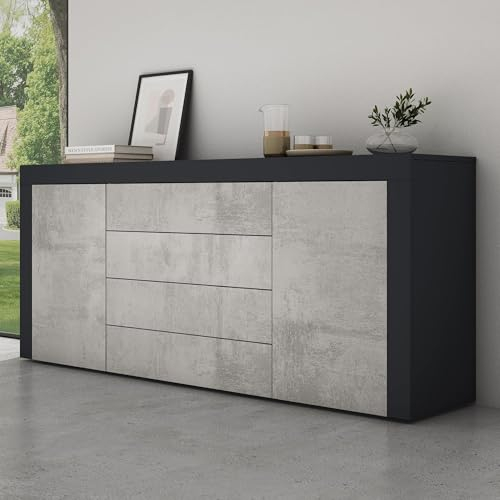 Mai & Mai Sideboard Aufbewahrungsschrank BTH: 167x36x70 cm mit 2 Schränken und 4 Schubladen in Anthrazit matt + Beton Kommode Mehrzweckschrank Möbel Schrank03