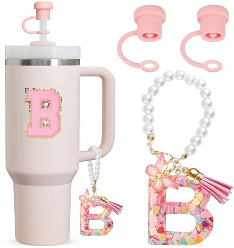 Letter Cup Accessories,4pcs Includs 2pcs Dustproof Straw Topper,1pc Letter Charm Accessories for Cup and 1pc Personalized Name ID A-Z Pearl Hangings Letter Stickers (B)