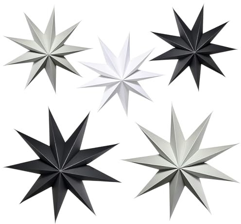 5 Stück Papiersterne Weihnachten,Papiersterne Zum Aufhängen,Sterne Deko Weihnachten,30cm x 3+45cm x 2,9 Zacken Weihnachtsstern Fenster für Deko Weihnachten,Fensterdekoration,Advent(Weiß/Schwarz/Grau)