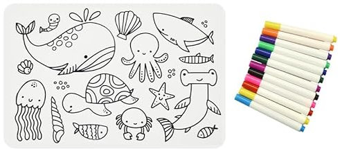Sensory Junction Silicone Washable Colouring Placemat for Kids| Includes 1 Set of Colourful Pens Wipe Clean Reusable Eco-Friendly Colouring Pad (Ocean Mat)