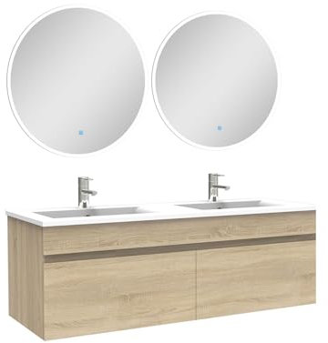 AICA Ensemble Meubles Salle de Bain Double Vasque 120cm + Miroir Rond Lumineux Chêne Wotan