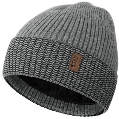 Wmcaps Mütze Herren Winter, Thermo Strickmützen für Herren, Warme Fleece Laufmütze Beanie Damen Herrenmütze Winter, Winddichte Wintermütze Männer Gefütterte und Gepolsterte (Hellgrau+Schwarz)