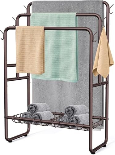 Porte-serviettes à 3 niveaux avec 2 paniers et 6 crochets, 101,6 cm de haut, pour salle de bain et chambre à coucher, porte-serviettes autoportant (marron)