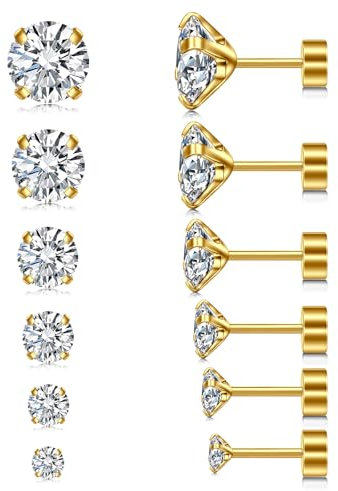 LAURITAMI 6 Stück Ohrstecker Set 3-8mm Zirkonia Eingelegt Ohrstecker Gold,20G Chirurgenstahl Medizinische Ohrstecker Knorpel Ohrringe für Damen und Herren Mehrfache Piercings Schmuck