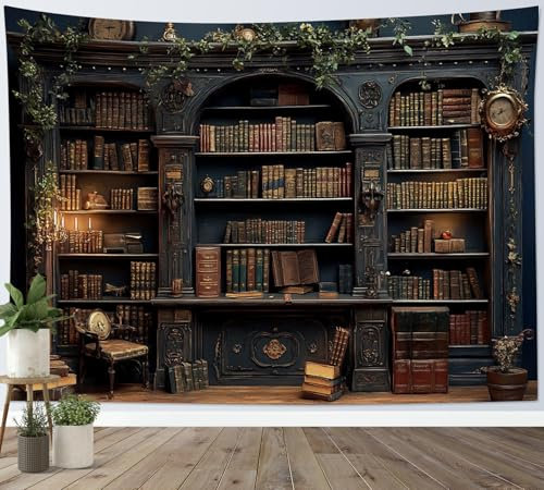 LB Wandteppich Vintage Bücherregal Wandtuch Magische braune Bücher auf Retro Regal mit grünen Blättern Wandbehang Hexen Bibliothek Tapisserie für Wohnzimmer Schlafzimmer Wohnheim Wanddeko,200x150cm