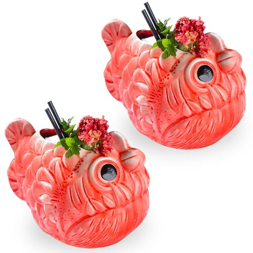 Prefdo Tiki Lot de 2 tasses à cocktail en céramique motif poisson bizarre, tasses hawaïennes Luau pour fête, cocktail exotique, 650 ml