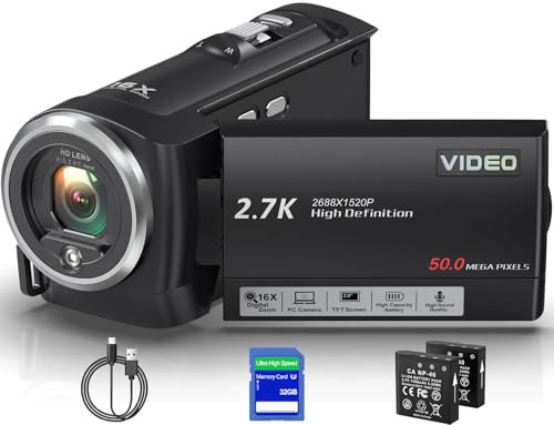 Muitune Videocámara QHD 2.7K 50MP 16X Zoom Digital Vlogging Cámara con luz de Relleno LED para Youtube, 2.8 Pulgadas 270 Grados rotación LCD videocámara con Tarjeta SD de 32 GB y Dos baterías