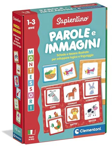 Clementoni Sapientino Montessori – Wörter und Bilder, Lernspiel für Kinder 1-3 Jahre, Flashcards zur Erkennung von Tieren, Lebensmitteln und Gegenständen, Stimuliert die Sprache, Made in Italy,