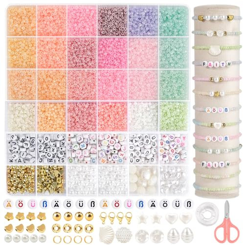 EUES 3mm Perlen für Armbänder,Perlen zum Auffädeln mit A - Z Buchstabenperlen,Armbänder Selber Machen mit Glasperlen,Perlen Set für Schmuckherstellung DIY Halsketten Handwerk