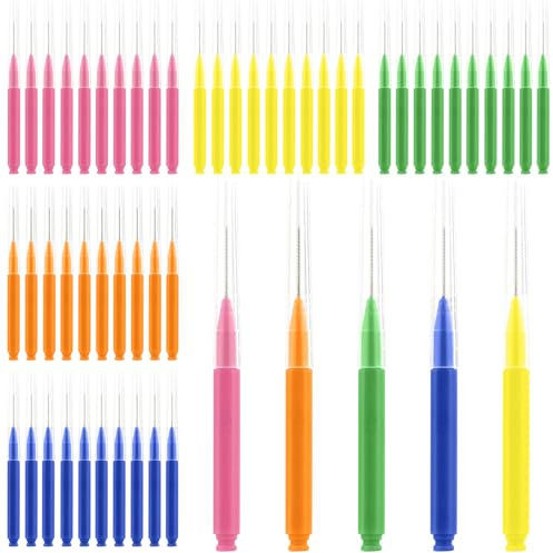 Yuio 50Piezas Cepillos Interdentales, Cepillo Interdental con mango antideslizante, Cepillo de Cerdas únicas Herramienta de Limpieza de Dientes Para Higiene Interdental(0.6mm 0.7mm 0.8mm 1.2mm 1.5mm)