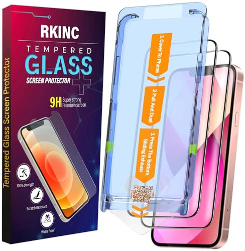 RKINC 2 Pack for iPhone 13, 13 Pro, 14 6.1 Inch Tempered Glass Screen Protector, HD Clear, Bubble Free, Easy Installation, Auto Dust-Elimination