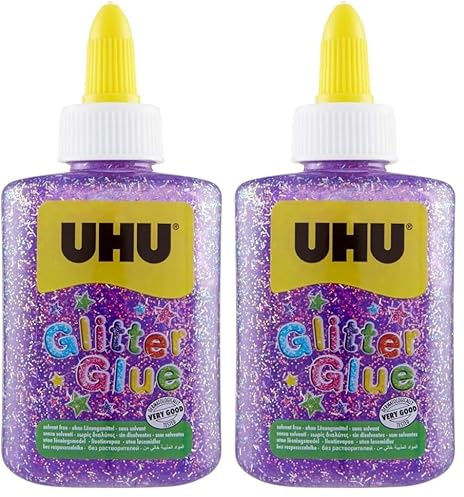 UHU Glitter Glue - Idéale loisir créatif, formule adaptée pour les enfants, lavable, violet, bouteille de 88,5ml (Lot de 2)