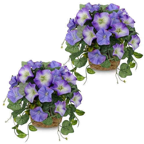 Arborus 2 STK Kunstblumen Set Künstliche Petunien 21 cm Hoch Blumen Künstli | ch wie Echt im Topf Seidenblumen Lila Fake Blumen Zimmerpflanzen Tisch Deko Regal Balkon Flur Fensterbank Dekor Ästhetik