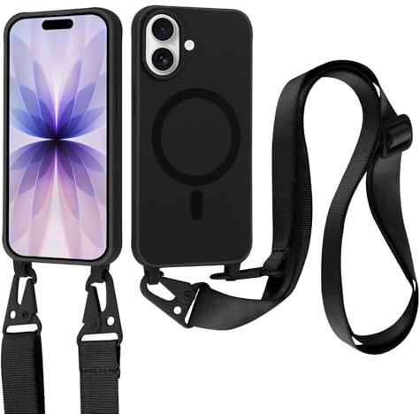 Jrkvniv Magnetische Handyband für iPhone 17 Hülle mit Band, Necklace Handyhülle mit Abnehmbar Nylon Kordel zum Umhängen, Weich Silikon Stoßfest Schutzhülle mit Kette für iPhone 17 6,3 Zoll, Schwarz
