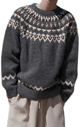 Foweknow Maglione norvegese da uomo, a maniche lunghe, con motivo a treccia, girocollo, invernale, casual, elasticizzato, a maniche lunghe, vintage
