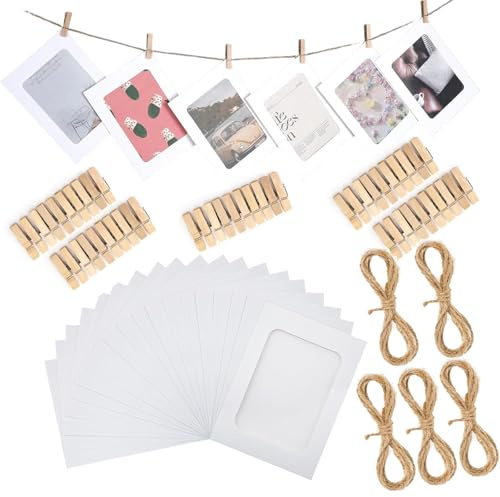 50 Stück Fotogirlande, Bilderrahmen Mit Klammern Und Leine, Papier Bilderrahmen Weiß, Mit 50 Stücke Clips Und 5 Stücke Hanf Seile Fotos Aufhängen Für Diy Dekoration Bei Geburtstag Hochzeit Party