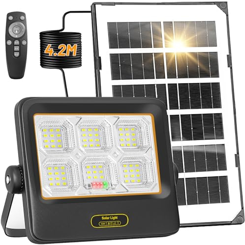 Eleganted Projecteur Solaire LED d’extérieur avec Panneau Solaire, 50W Lampe Solaire exterieur avec Télécommande, 4.2M Câble, IP67 pour Jardin, Garage