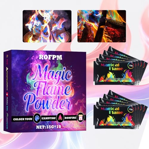 Pack of 10 Fire Colour Powder, Magic Fire Colours, Fire Colour Changing Powder, Colourful Colour Changing Fire Colours Set for Camping, Parties, Flame Magic in Fire Bowl, Campfire, Fireplace, 15 g x