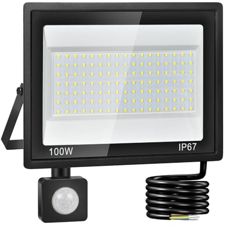 Plazique Projecteur LED Extérieur Detecteur de Mouvement 100W,7000K Blanc Froid,10000LM Super Lumineux,IP67 Étanche,119 LEDs,Spot Extérieur pour Jardin,Cour,Garage,Couloir et Éclairage de Sécurité