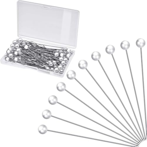 Stecknadeln mit Kopf groß 100 Stück Weiße Glaskopfstecknadeln 6x65mm Lange Perlkopfstecknadeln 1,8mm für Stoff & Basteln inkl. flacher Box - Hochwertige Nadeln zum Nähen Schneidern DIY Dekorationen We