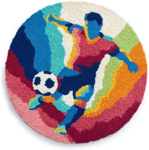 XDEGHUANGSS DIY Latch Hook Rug Kit Football Soccer Player Kick Ball Round Carpet with Pattern 52x52cm Yarn Hooking Crochet Mat Home Floor Mat Decor