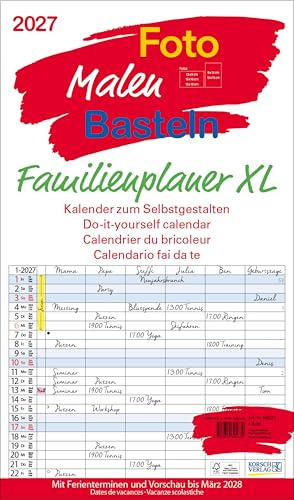 FMB Familienplaner XL 2027: Familienplaner mit 6 Spalten als Fotokalender zum Selbstgestalten. Familienkalender mit Ferienterminen und festem Bastelpapier.