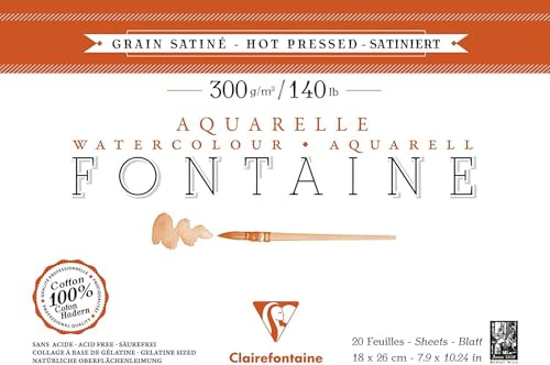 Clairefontaine - Ref 96343C - Fontaine Hot Pressed Watercolour Glued Pad (20 Sheets) - 18 x 26cm Size, 300gsm Paper - Suitable for Watercolour Artwork