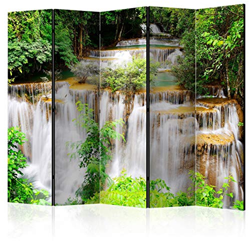 decomonkey Paravent Raumteiler Innen Wasserfall Natur 225x172 cm 5 Teilig Einseitig Room Divider Wall Raumteiler Stehend Trennwand Sichtschutz Spanische Wand Sichtschutzwand Wohnzimmer Holz Wald