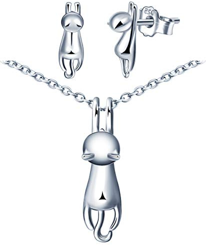 Yumilok Damen-Ketten Damen Halskette Damen-Ohrstecker mit Anhänger Zirkonia Katze Katzen in 925 Sterling Silber Schmuck Sets für Frauen Mädchen