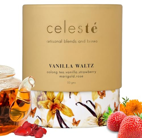 CelesTe Vanilla Waltz, Vanilla Tea - Premium Blend of Strawberry, Marigold, Rose petals | 100% Natural Loose Leaf Oolong Tea (50gm) (25 Cups)