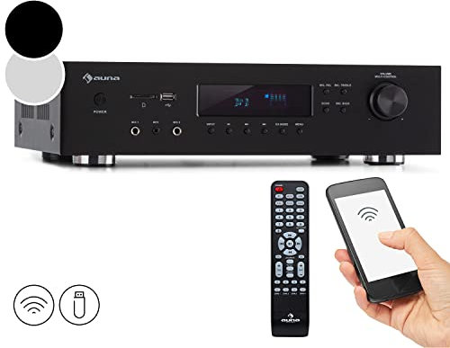 Auna Bluetooth Amplifier Hifi, Amp Stereo System AV Receiver, Stereo Amplifier Hifi Bass & Treble Control, 5 Channel Audio Power Subwoofer Hi-Fi Amplifier and Speaker w/Remote Control & AUX Input