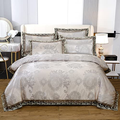 Beyeutao Bettwäsche-Set für King-Size-Bett, graues Jacquard-Bettwäsche-Set, Spitzensatin, 3-teiliges Luxus-Bettwäsche-Set mit Bettbezug und Kissenbezügen.