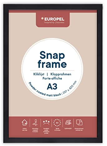Europel leichte Klapprahmen DIN A3 mattweiß pulverbeschichtet, Easy-Click System, Profil 25x11 mm, eloxierte Aluminium und blendfreie Schutzfolie, Außenmaß 328x451 mm, grau Polystyrol Rückseite
