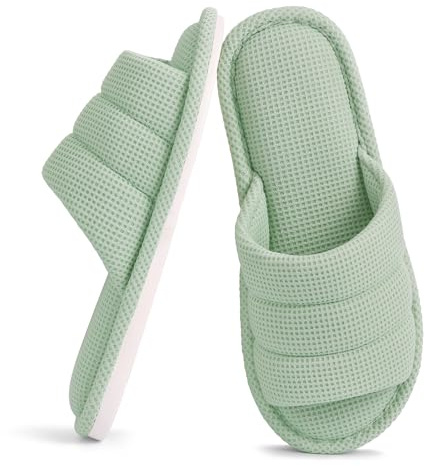shevalues Summer House Slippers for Women Men Breathable Waffle Indoor Slippers Slip-on Open Toe Home Shoes, Green 7.5-8.5 Women Men/6-7men