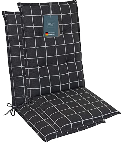 LILENO HOME Gartenstuhl Auflagen als [2er Set - Hochlehner] in Yacht-Karo Anthrazit - Bequeme Liegen als Sitzauflagen für Gartenmöbel - Stuhlkissen für Gartenstühle und Klappstühle