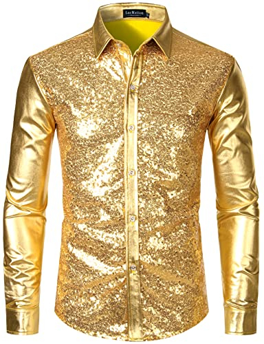 LucMatton Glänzende Metallic-Hemden für Herren, schmale Passform, Knopfleistenshirt, für Club, Rock, Hip-Hop, Disco, Party, Cosplay, metallisch, Klein