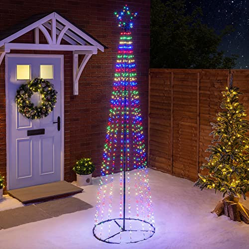 Christow Maypole Christmas Tree, Light Up Outdoor Decoration, Flashing Multi Coloured Micro LED Pyramid Light, Mains Operated (2.4m)