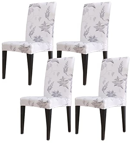 Vivi Idee Stuhlhussen 4er Set Stuhlbezug Elastische Waschbar Spannbezug für Esszimmerstühle Schwingstuhl Bezug Hochzeit Büro Bankette Partys Deko (4, Weiße Blätter)