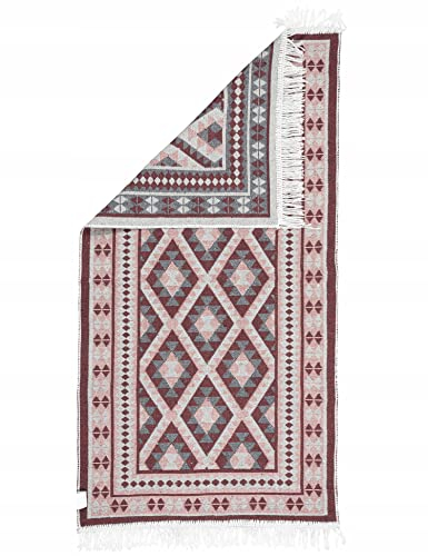 e-Floor Teppich für Wohnzimmer | Rot Burgunder | 70x140cm | Baumwolleteppich | Gewebt | Doppelseitiges Muster | Boho Kelim Teppiche | Retro Läufer Flur | Teppichläufer | Küchenteppich | Schlafzimmer