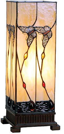 HAES DECO - Tiffany Tischlampe 18x18x45 cm Beige Braun Glas Rechteck Schmetterling Tiffany Schreibtischlampe Tiffany Lampen