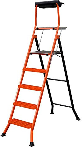Svelt Scala in acciaio con 5 gradini a griglia e Pianetto portautensili, ideale per Cantieri e Magazzini, Portata 150kg