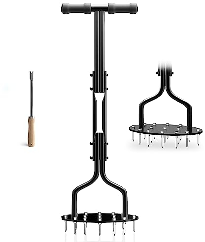 EEIEER Aeratore per prato, scarificatore per prato, aeratore manuale con 15 punte in acciaio massiccio da 6 cm, impugnatura a T antiscivolo, aerazione per terreni compattati e prati