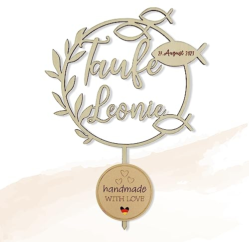 Birdart Box® Taufe Tortenstecker mit Namen – personalisierter Tortenstecker aus umweltfreundlichem Holz, stabiler Cake Topper 15cm Durchmesser (Holz Natur)