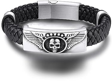 GoldChic Personalisierte Herren Lederarmbänder mit Textgravur Punk Herrenarmband mit Totenkopf Anhänger Edelstahl Männer Jungen Armband Lederband Schwarz 23cm lang