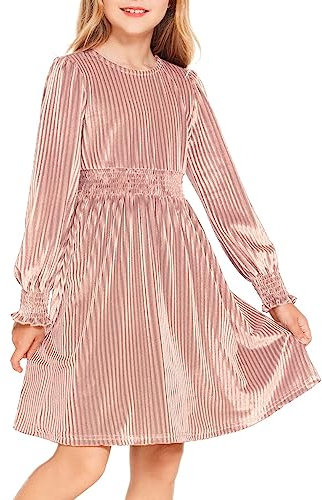 Arshiner Vestito da Ragazza in Velluto a Maniche Lunghe Casual per Bambini, da Festa Autunno Inverno, Principessa Rosa 8-9 Anni