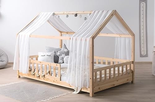 TiCAA Kinderbett Hausbett mit Tüll Kim inkl. Rolllattenrost