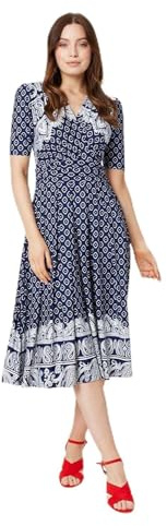 Izabel London Printed 1/2 Sleeve Midi Dress for Women UK with v-Neck, 1/2 Sleeves and midi Length Hem. Persian Blue