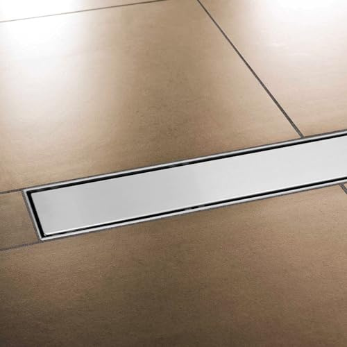 Edelstahl Duschrinne extra flach mit Ablauf & Siphon (50cm, Höhe 53mm) - waagerechter Duschablauf Komplettset Vollabdeckung - Duschabfluss & Duschablaufrinne mit passender Dichtmanschette