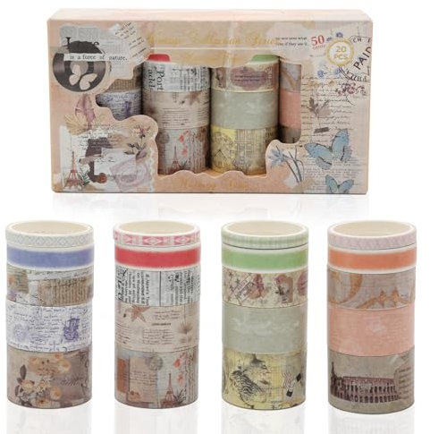 20 Rollen Washi Tape Set, Vintage Aquarell Masking Tapes, Dekoratives Washi-Tapefür Scrapbook Journals Planners DIY Crafts Gift Wrapping Festivals (Vintage)